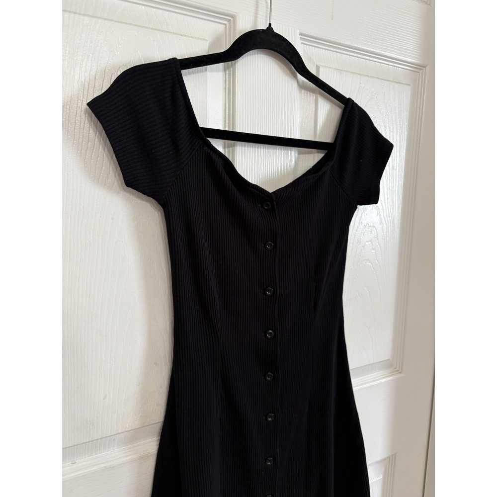 Urban Outfitters Tiffany Sweetheart Bardot Mini Dress XS Black Ribbed Button 90s - Picture 2 of 9